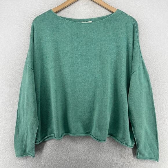 EILEEN FISHER Sweater S Organic Cotton Boxy Boat Neck Roll Hem Oversized Green - Picture 1 of 16